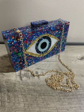 REVOLVE Multi-Color EVIL EYE Colorful METALLIC Confetti LUCITE Box EVENING BAG